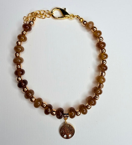 Pulsera de Cuarzo Ahumado con Dije de árbol de la vida
