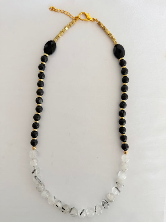Collar de Cuarzo Rutilo + Piedra Volcánica + Obsidiana