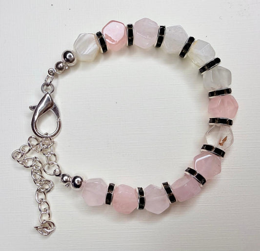 Pulsera de Cuarzo Rosado Facetado Hexagonal