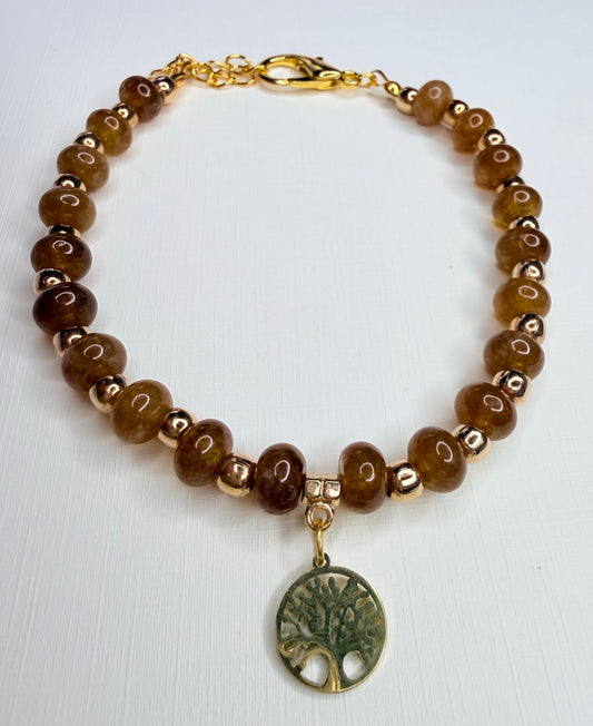 Pulsera de Cuarzo Ahumado con Dije de árbol de la vida