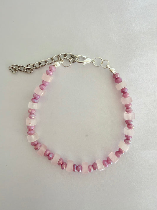 Pulsera de Cuarzo Rosado Facetado Cilíndrico con Lila