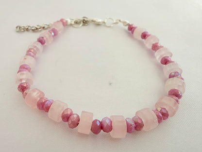 Pulsera de Cuarzo Rosado Facetado Cilíndrico con Lila