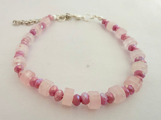 Pulsera de Cuarzo Rosado Facetado Cilíndrico con Lila
