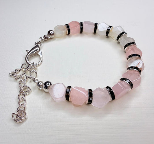 Pulsera de Cuarzo Rosado Facetado Hexagonal